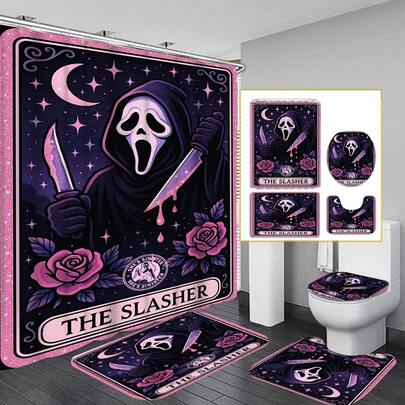 Ghost Mask Tarot Card Bathroom Set, Pink & Purple Killer Shower Curtain And Bath Mat Set, Waterproof Gothic Horror Decor Shower Curtain With Hooks, Non-Slip Bath Mat, Ideal Gift For Horror Fans, Gothic Decor Enthusiasts, Birthday And Holiday