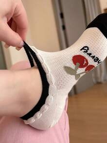 5 Pairs Women's Boat Socks, Non-Slip Boat Socks, Shallow Mouth Ruffle Design, Breathable Thin Socks For Spring/Summer, Cherry Stripe Socks, Black & White Contrast Versatile Invisible Socks - Multicolor - View 9