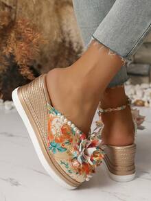 Dép xăng đan đế xuồng dày dặn dành cho nữ, thiết kế thời trang đính ngọc trai và hoa, thích hợp cho mùa hè, kỳ nghỉ, lễ hội âm nhạc. - Vàng - Xem 6