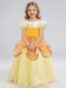 Light Up Princess Dress For Girls, Halloween Costume Dress Up Clothes For Christmas, Birthday Party, Cosplay Costume, With Crown, Magic Wand, Gloves, Necklace - 黃色 - 查看 6