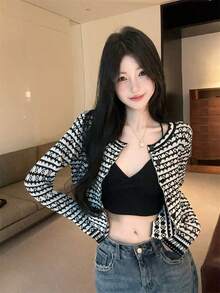 Áo khoác cardigan dệt kim cổ tròn, ôm dáng, phối sọc tương phản, màu đen, thích hợp cho mùa xuân. - màu đen - Xem 4