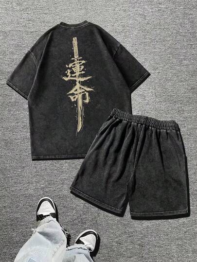 Conjunto de pantalones cortos y camisa de manga corta casual lavada con estampado de elemento de espada samurái para hombres de talla grande, para primavera/verano