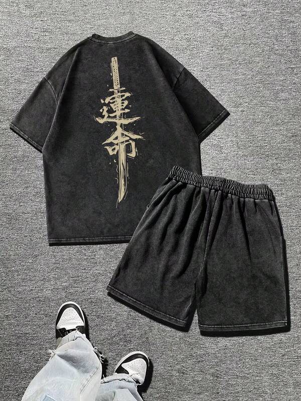 Plus Size Men's Spring/Summer Samurai Sword Element Print Casual Washed Short Sleeve Shorts Set