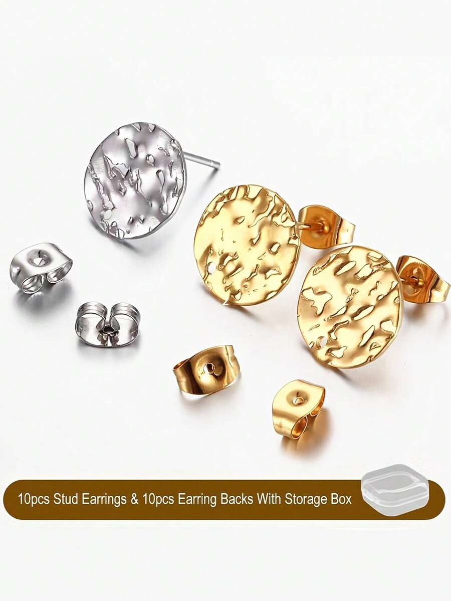 Un paquete que contiene 20 piezas de postes de pendientes de acero inoxidable 304, con diseño de tachuelas redondas en relieve con respaldos, adecuados para manualidades de joyería. - Multicolor - Ver 1