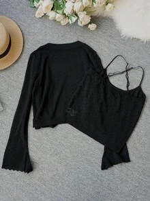 Lightweight Knitted Camisole Cover Up Set For Women, Thin Shawl Collar Shrug Sunscreen Cover Up, Spring/Summer - Black - View 8