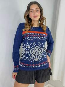 Women's Long Sleeve Knit Sweater For Winter With Geometric Pattern And Mousse Fabric - azul real - Ver 3