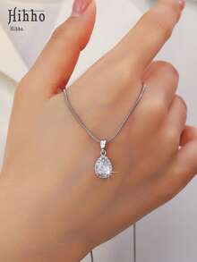 Hihho 1pc Fashionable Minimalist Versatile Water Drop, Heart, Square Pendant Necklace, Creative Luxury Stainless Steel Clavicle Necklace Suitable For Daily, Festival, Outing - Silver - View 3