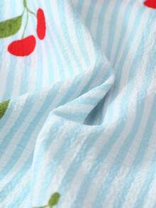 两件套条纹樱桃印花睡衣套装，甜美可爱的翻领纽扣长袖上衣和裤子，适合秋冬季居家穿着。 - 藍色 - 查看 8