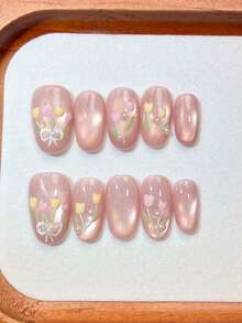 10er Set, handgemachte, verschleißfeste, weiche rosa Katzenauge Tulpen Nagel Sticker, handbemalte 3D Blumen Edelstein dekorierte Kunstnägel, zarte Puder Farbverlauf Maniküre Teile, einzigartiger Frühlingsstimmung Nagel Covers, vielseitig für Pendeln & Date, Braut & Brautjungfer sanfte Stilrichtung, Studenten tägliches frisches Design, abnehmbar & wiederverwendbar, nicht schädlich für natürliche Nägel, geeignet für Anfänger, Stil - Babypink - Übersicht 14