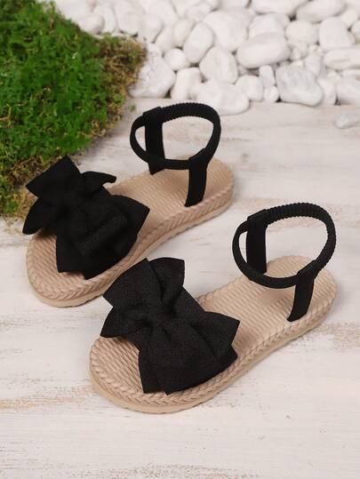 1 Pair Plus Size Black Toddler/Little Girls' Flat Beach Sandals, Solid Color Fabric Stitching Strap With Bow Decor, Open Toe Comfortable Cute Roman Sandals Suitable For 3-15 Years Old Girls, Daily, Travel, Vacation, Summer New Arrival