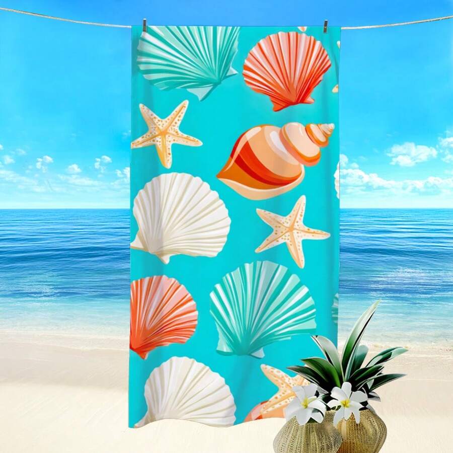 1pc Ocean Creatures Starfish Seashell Print Beach Towel, Super Absorbent Quick Dry Towel For Swimming, Soft Beach Blanket, Suitable For Beach, Swimming, Outdoor Camping Travel, Ideal Beach Essential - A - View 1