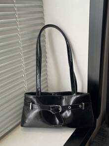 Bolso de hombro de mujer con diseño de hebilla elegante y versátil, decoración de letra de cuero patentado de unicolor, adecuado para compras, carteras, compras, mujeres jóvenes, estudiantes universitarios, recién llegados y trabajadores de cuello blanco. Son muy adecuados para oficinas, universidades, trabajo, negocios, viajes al trabajo, actividades al aire libre, viajes y salidas - Negro - Ver 4