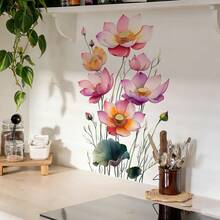1/4pcs Watercolor Lotus Flower Wall Stickers, Removable Self-Adhesive Waterproof PVC Decals, Suitable For Decorating Living Rooms, Bedrooms, And Kitchen Backgrounds. - Wall Stickers - View 2