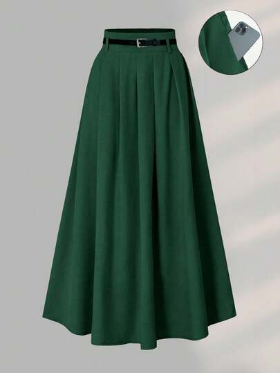 女士高腰褶裥印花半身裙，配装饰腰带，春季款