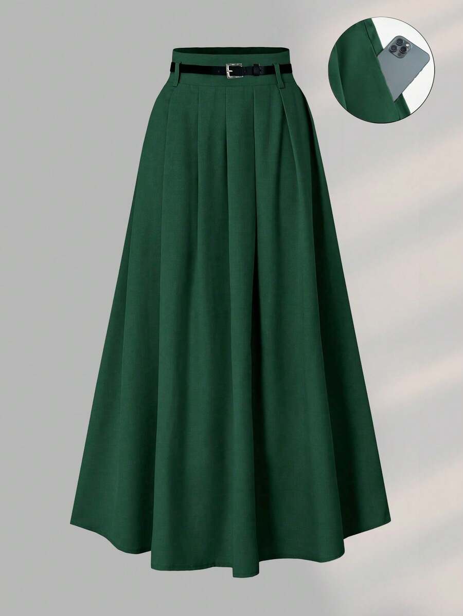 Chân váy xếp ly cạp cao in họa tiết dành cho nữ, có thắt lưng trang trí, thích hợp cho mùa xuân. - Màu xanh lá cây đậm - Xem 1