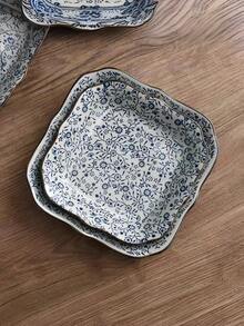 1pc Exquisite Square Cornered Floral Ceramic Plate, Chinese Retro Decorative Dish, Reusable Multi-Purpose Plate For Restaurant, Living Room, Gathering, Gift - Dusty Blue - View 5