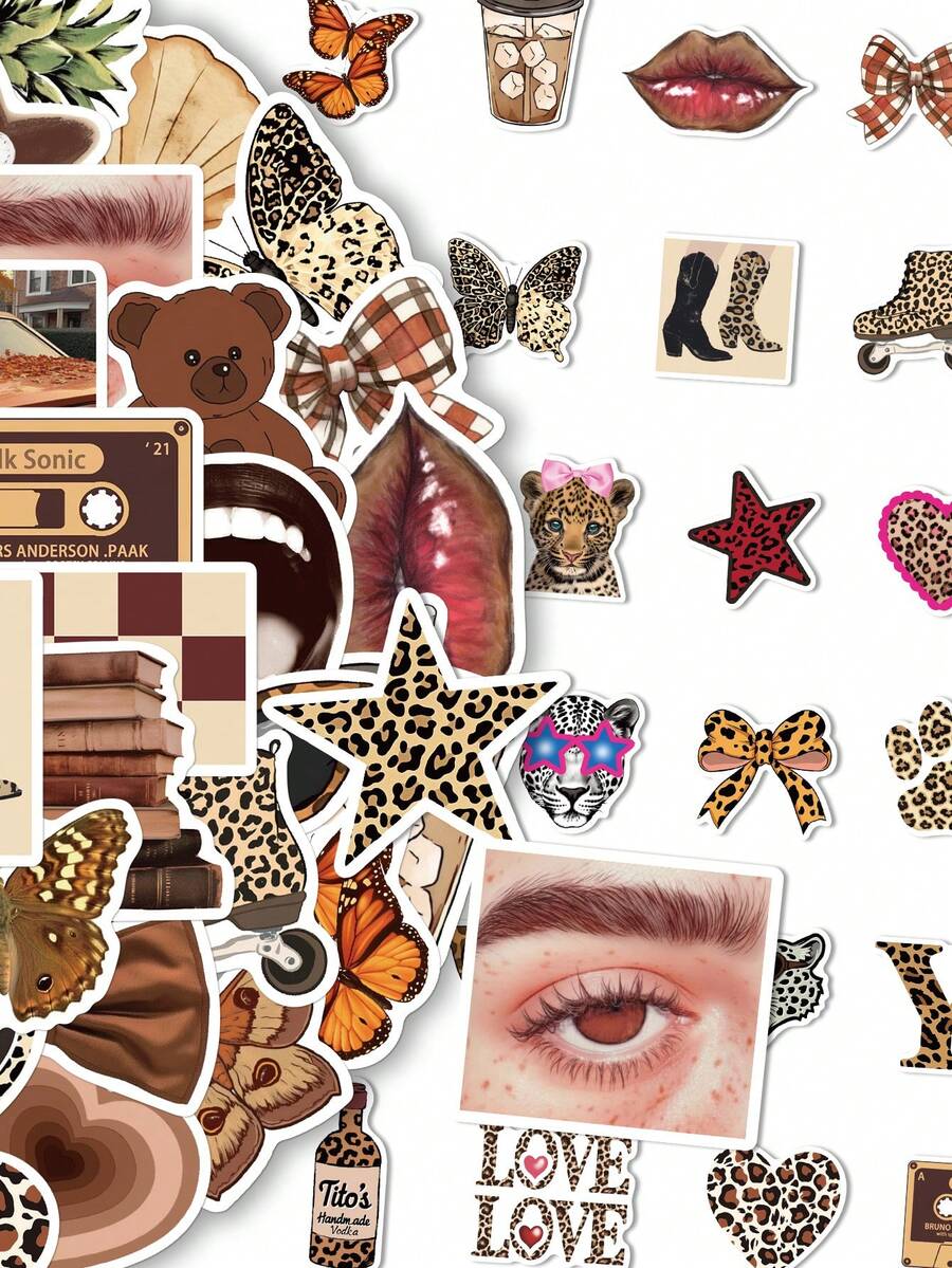 50pcs Fashion Leopard Print Creative Stickers DIY Guitar Luggage Refrigerator Water Cup Planner Supplies Decorative Laptop Personalization Stickers - Multicolor - View 1