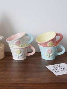 1pc 220ml Ceramic Coffee Cup With Embossed Floral Design Minimalist Asymmetric Rim Mug Pink Checkered Pattern With Blue Stripes Suitable For Home Decor Tableware Coffee Shop Latte And Milk Cup Summer Party Beverage Cup Giftware - Multicolor - View 7
