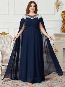 SUPGIR Women's Boat Neck Extra Long Sleeve Elegant Evening Gown - Navy Blue - View 4