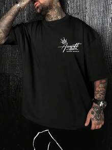 男士休闲宽松版型枪支和英文印花圆领短袖T恤 | 精致设计 | 夏季必备 | 易于搭配 - 黑色 - 查看 4