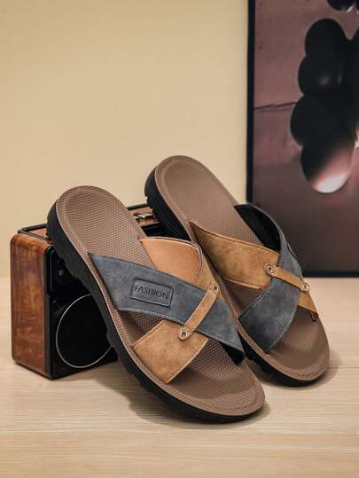 Men's Outdoor Sandals For Summer, Colorblock Breathable Slippers, Fashionable Casual Beach Slippers For Indoor & Outdoor Wear