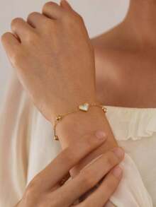 1pc Stainless Steel Heart Shaped Bracelet, Fashionable Niche Luxury Versatile Zirconia Embellished Bracelet For Women - Gold - View 2