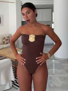 Elegant Strapless Jumpsuit For Women, Summer Beach Vacation Outfits - Brown - View 5