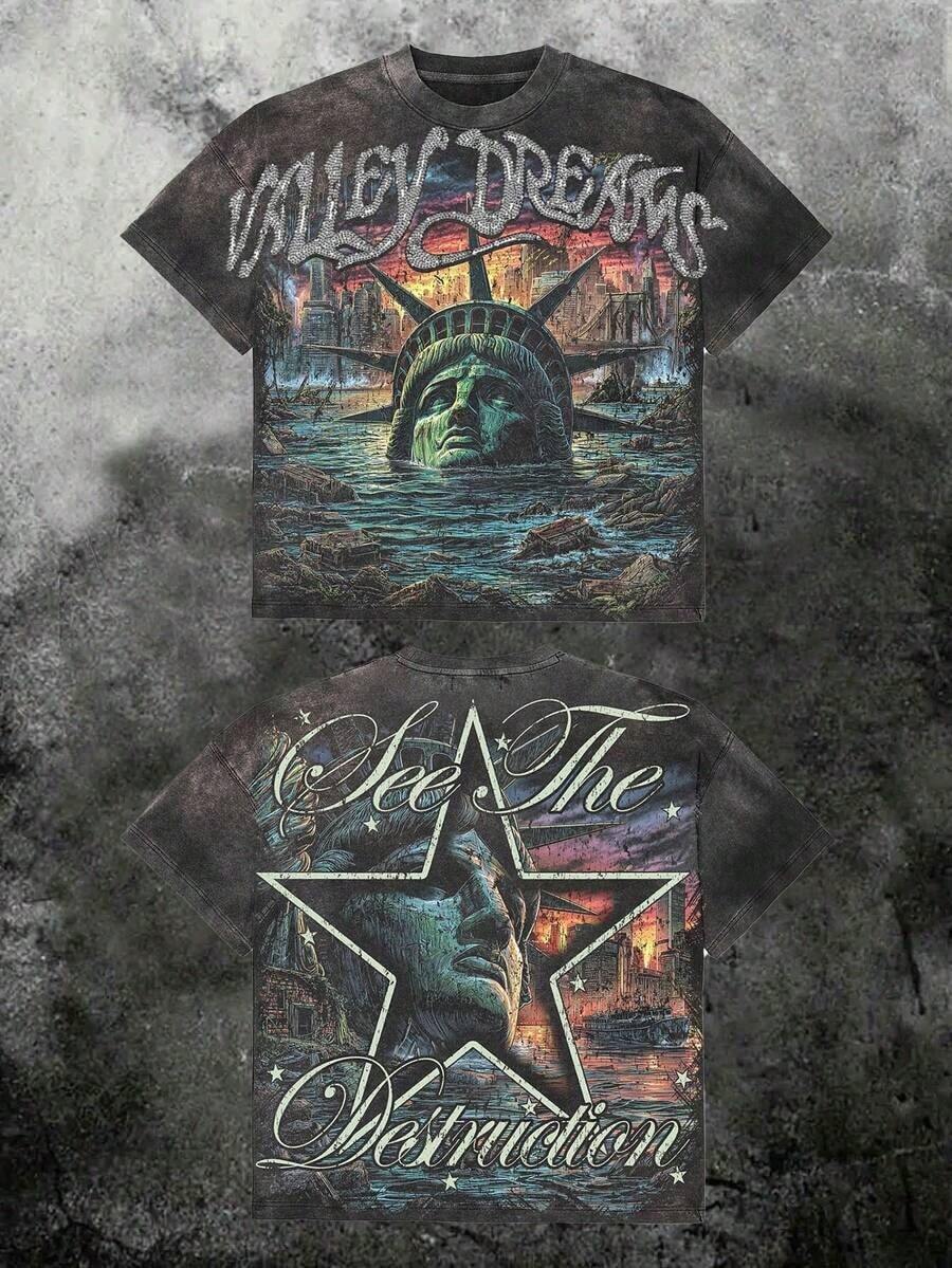 Apocalyptic Submerged Statue Graphic Tee Men Oversized Streetwear Vintage Dystopian Liberty Doom Print 230g Cotton Shirt - Black 2 - View 1