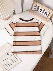 Baby Striped Short Sleeve T-Shirt, High Elasticity Breathable Soft Cotton Tee For Summer - Coffee Brown - View 11