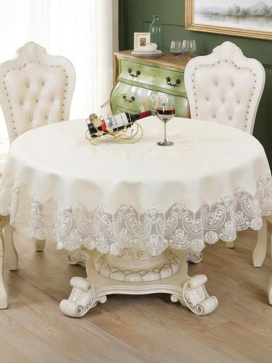 HXARTMIS 1 Stück luxuriöse, elegante beige Tischdecke mit floraler Stickerei und Kante, dekorative runde Tischdecke für den Esstisch, schützende runde Tischdecke