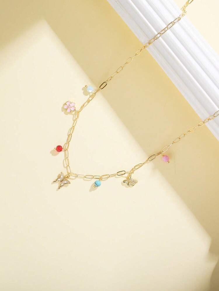 1pc Women's Necklace, Bohemian Beach Tassel Layered Style, Copper Zirconia Heart, Ballet Shoe, Football Pendant, Colorful Natural Stone Turquoise Beads, Paperclip Chain, Daily Accessory Gift - Yellow Gold - View 2