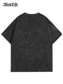 Men's Washed T-Shirt | Summer Men's Street Style Retro Print T-Shirt | Muscular Figure With Dumbbells And Logo | Niche Fashion Men's Clothing Y2k Clothing   | Unisex - 黑色 - 查看 4