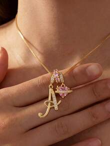 1pc Luxury Personalized Square Cubic Zirconia Handwritten Letter Pink Heart Pendant Gold Stainless Steel Necklace, Fashionable Gift Suitable For Girlfriend, Mom, Family, Friends, Daughter, Anniversary, Mother's Day, Birthday, Graduation, Daily Wear - Yellow Gold - View 2