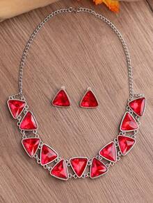3PCS Vintage Geometric Triangle Necklace, Unique Exaggerated Luxurious Jewelry Set, Evening Dress Accessories, Earrings - 綠色 - 查看 10