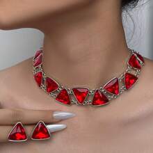 3PCS Vintage Geometric Triangle Necklace, Unique Exaggerated Luxurious Jewelry Set, Evening Dress Accessories, Earrings - 綠色 - 查看 6