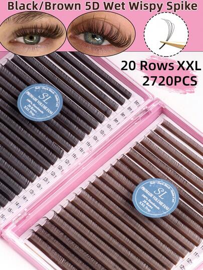 20 bandejas/set XXL 2720 piezas de pestañas postizas de estilo anime 5D con efecto natural y suave, en color negro y marrón, con rizo en D, de 0.07 mm de grosor, con efecto abanicado y ondulado para extensión de pestañas