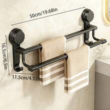 1Pc No Drill Suction Cup Double Towel Bar, 2-Tier Black Carbon Steel Plastic Bathroom Towel Rack With Hooks, Easy To Install & Remove, Multifunctional Organizer For Towels, Slippers, Utensils, Ideal For Bathroom, Kitchen, Balcony, - Multicolor - View 14