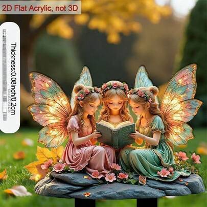 1pc 2D Acrylic Garden Sign Plaque, Suitable For 3 Fairy Reading Books In The Yard (No Light)