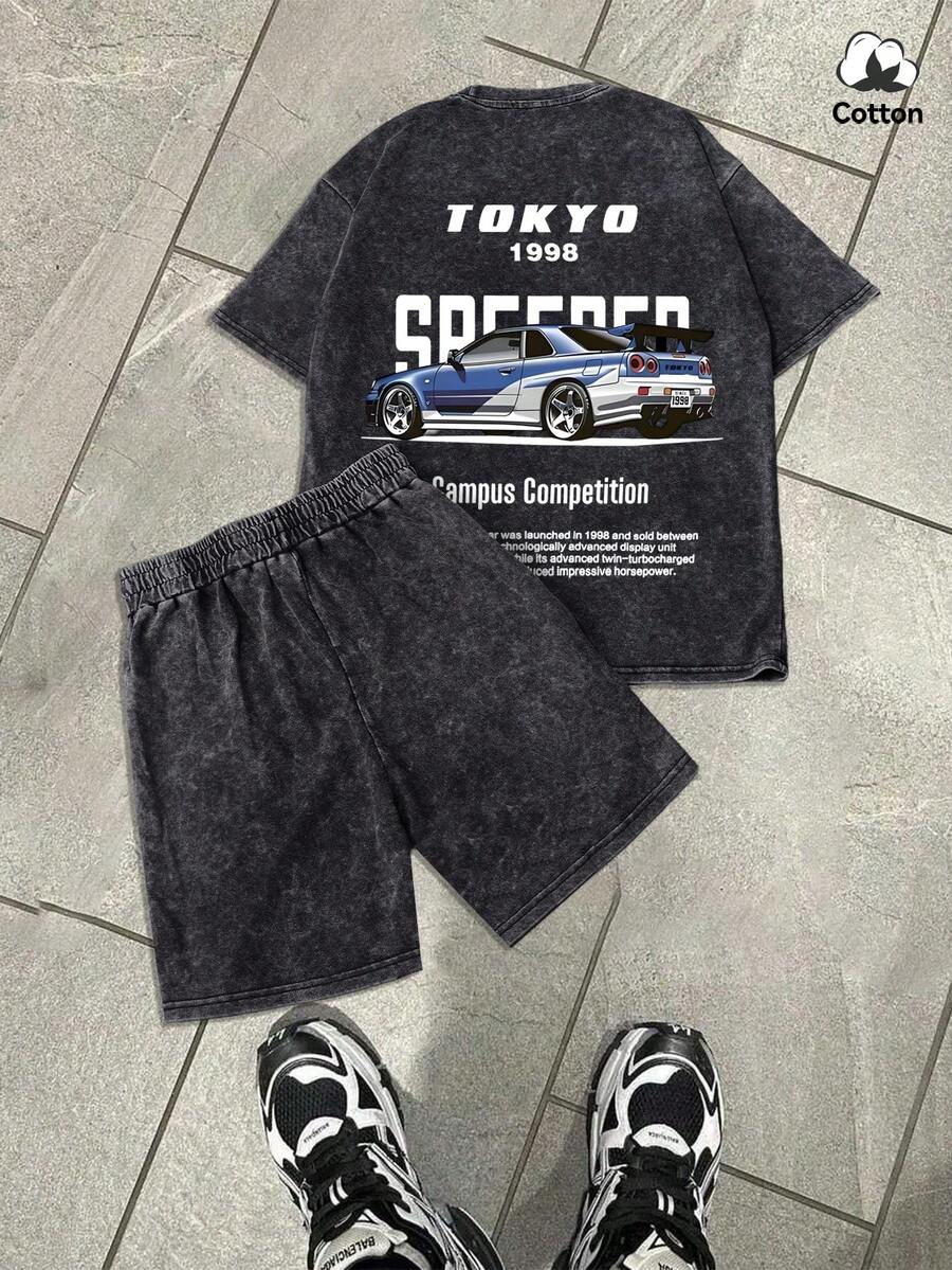 Bộ áo thun và quần short nam Hemo, kiểu dáng thời trang đường phố, màu đen mài, co giãn, thích hợp mặc hàng ngày, mùa hè. - màu đen - Xem 1