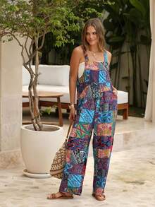 Bohemian Women's Loose Floral Bib Overall Jumpsuit With Pockets Patchwork Wide Leg Adjustable Strap Beach Vacation Outfits Summer - 藍色 - 查看 5