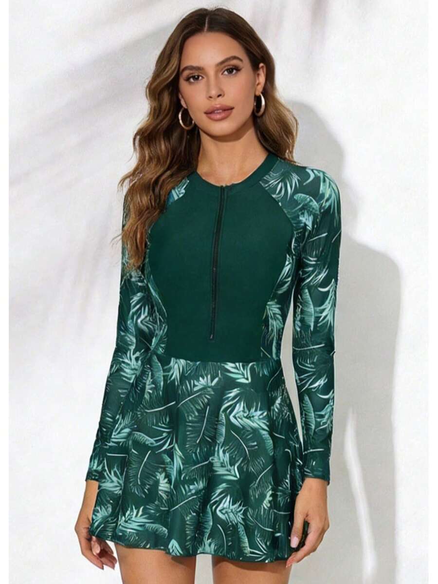 2-Piece/Botanical Print Swimsuit Set For Summer, Women's Long-Sleeved Surf Set, Surf Suit, Wetsuit, Front Zipper, Contrasting Colors And Tropical Prints For Summer Beach Vacation - 綠色 - 查看 1