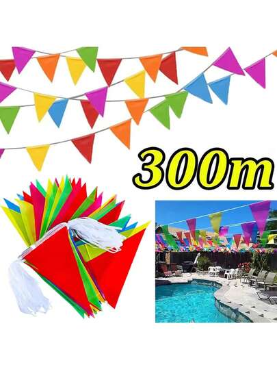 Dây cờ tam giác nhiều màu sắc, dài 50-300 mét, dùng trang trí tiệc sinh nhật theo chủ đề, sự kiện ngoài trời, kỷ niệm.
