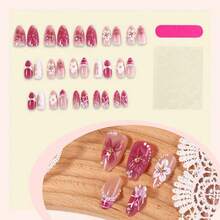 Spring Press On Nails Medium Almond Fake Nails Full Cover False Nails With Pink Flower Designs Acrylic Nail Press Ons Reusable Stick On Nails Glossy Pearl Glue On Nails For Women 24Pcs - nails09 - 查看 2