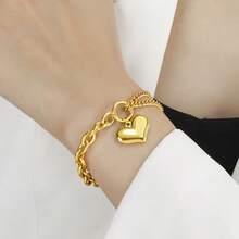Pulsera con colgante de corazón grande chapado en oro de 18K, pulsera de cadena gruesa de doble capa de moda hip hop para mujer de acero inoxidable - Multicolor - Ver 2