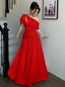 abyoxi Women's Red Ruched Waist Fitted Flare Dress, Elegant & Fashionable, Suitable For Party, Date, Holiday, Wedding, Formal Occasion, Banquet, Teacher's Day, Mother's Day, Graduation Ceremony, Stretchy Bodycon Long Dress For Spring & Summer - Red - View 4
