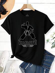 Women's Karate Stance Silhouette Print T-Shirt - Short Sleeve Crew Neck Casual Top With Bold KARATE Graphic, Medium Stretch Breathable Fabric, Machine Washable All-Season Comfort Fit Tee, Summer Fashion, Bold Graphic Design, Medium Stretch Material - 黑色 - 查看 2