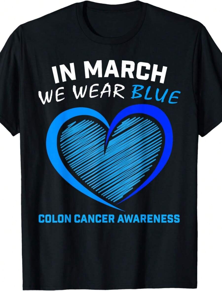 In March We Wear Blue For Colon Cancer Awareness Blue Heart T-Shirt - 黑色 - 查看 1