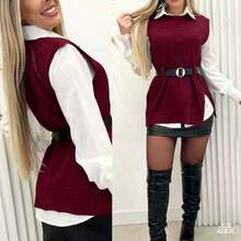 2-Piece Set: Long-Sleeved Dress Shirt + Ribbed Knit Vest With Side Slit And Belt - Burgundy - View 1