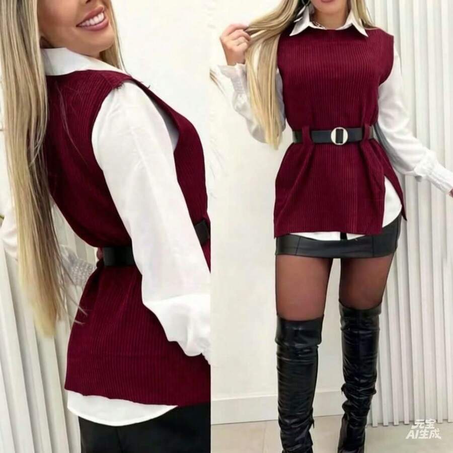 2-Piece Set: Long-Sleeved Dress Shirt + Ribbed Knit Vest With Side Slit And Belt - Burgundy - View 1