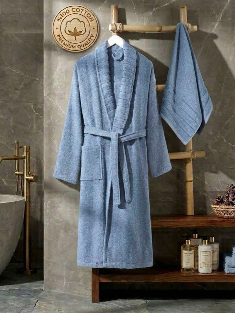 RASELA HOME - 70% Cotton 30% Polyester - Bathrobe And Towel Set (50*90 Towel), Made In Turkey - Blue - View 1